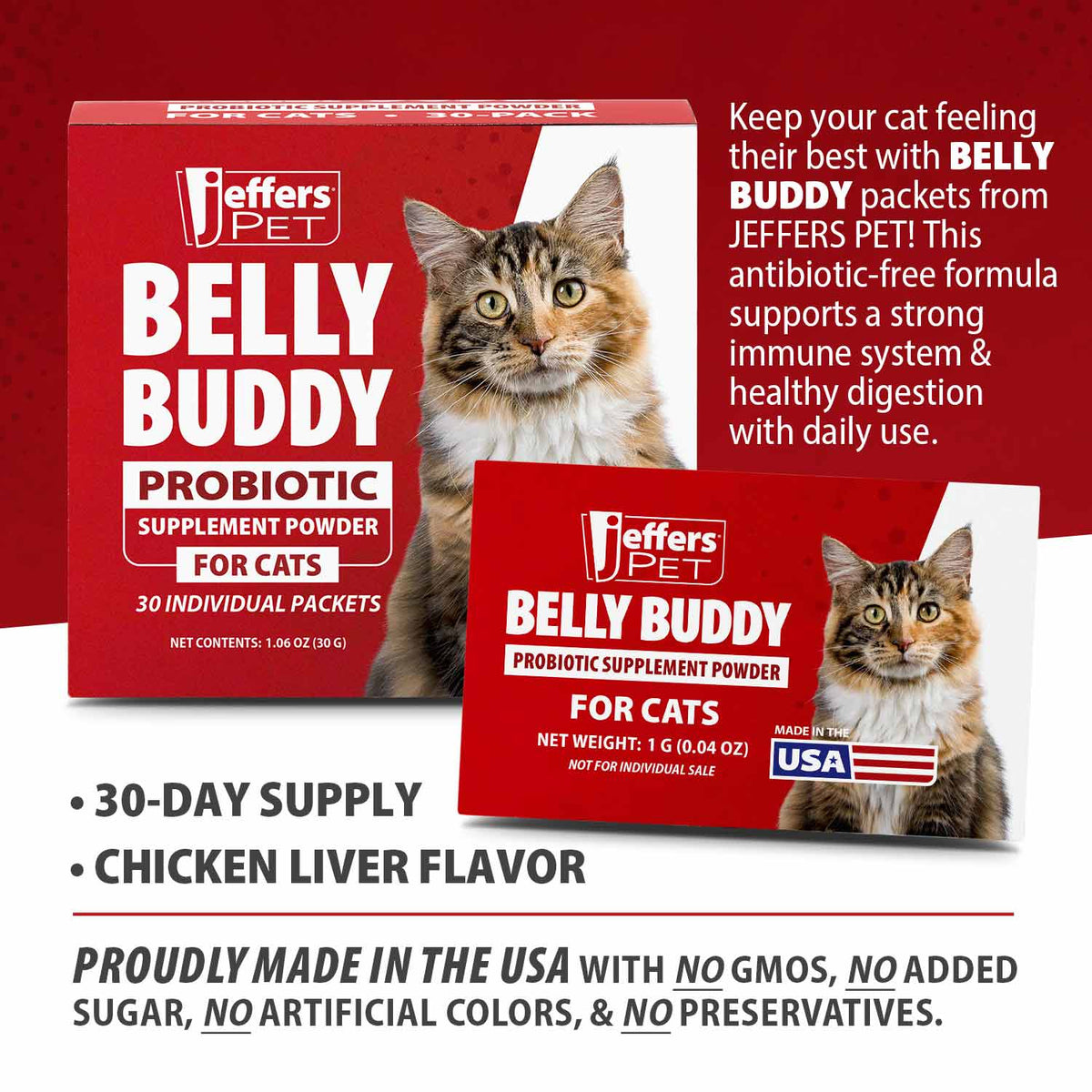 Jeffers BELLY BUDDY Probiotic Supplement Packets for Cats – Multi-Strain Digestive & Immune Support